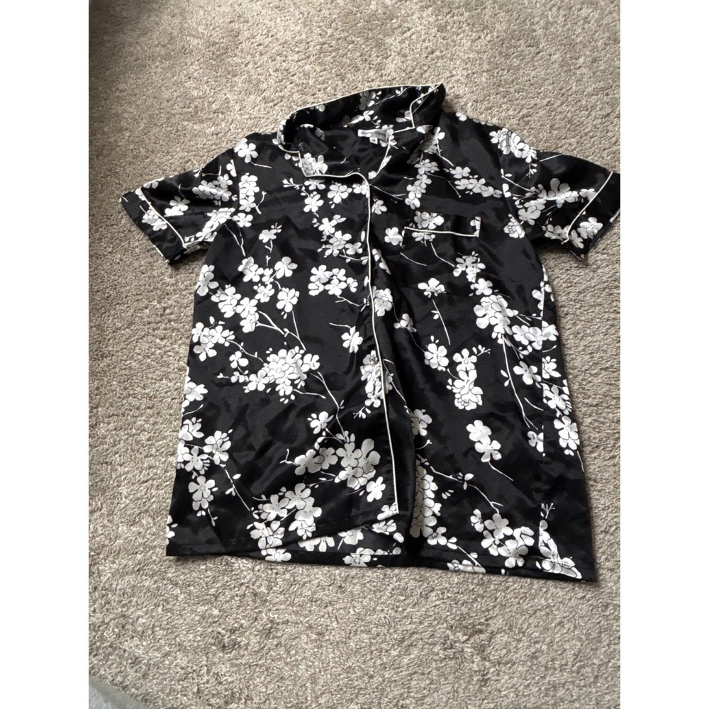 Pajama Heaven Womens Black White Floral Satin Short Sleeve Sleep Top Medium